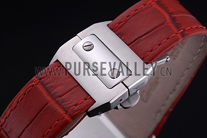 Swiss Cartier Santos White Dial Stainless Steel Case Red Leather Bracelet 622551