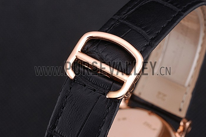 Cartier Rotonde Black And White Dial Gold Case With Jewels Black Leather Strap 622758