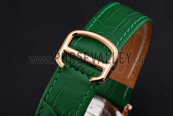 Cartier Ronde Second Time Zone White Dial Gold Case With Diamonds Green Leather Strap 622812