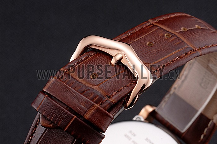 Cartier Rotonde Date Black Dial Rose Gold Case Brown Leather Strap