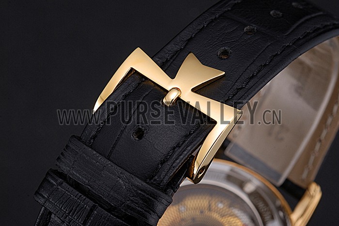 Swiss Vacheron Constantin Patrimony Contemporaine Gold Case Gold Diamond Dial Black Leather Bracelet 622682
