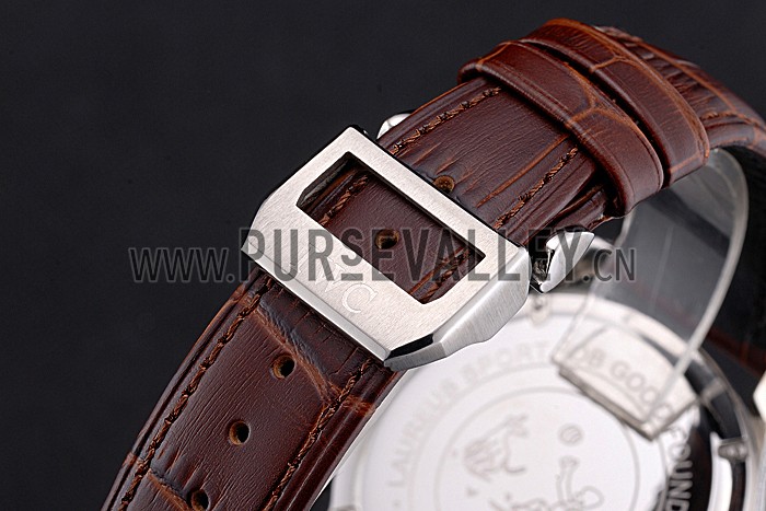 IWC Portugieser Chronograph White Dial Steel Hands And Numerals Steel Case With Diamonds Brown Leather Strap