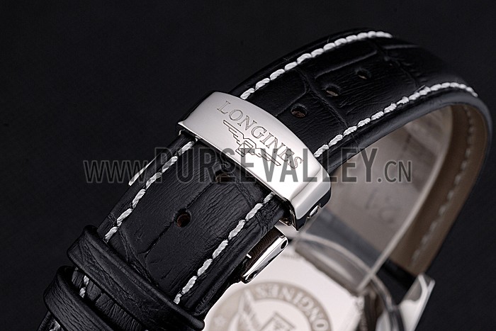 Longines Column Wheel White Dial Silver Stainless Steel Case Black Leather Strap
