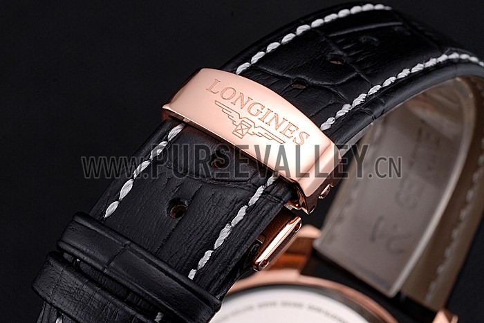 Longines Column Wheel Black Dial Gold Case Black Leather Strap