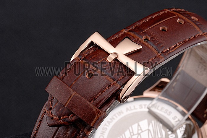 Vacheron Constantin Traditionnelle Black Ship Dial Rose Gold Case Brown Leather Strap