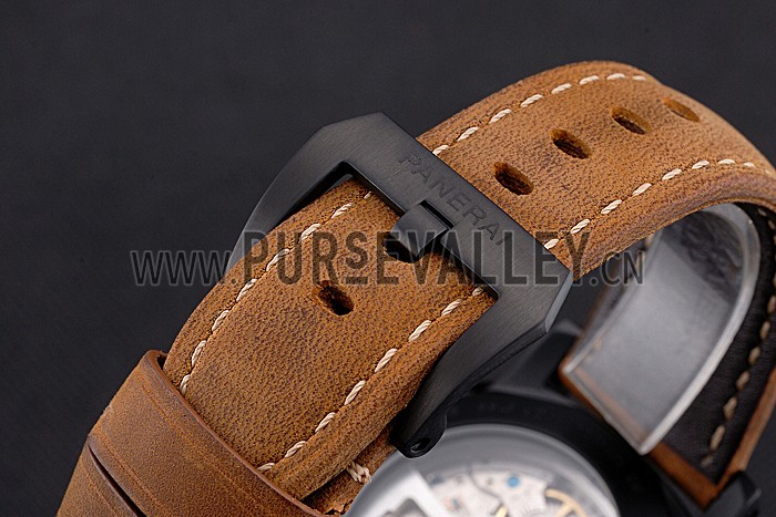 Panerai Luminor Marina Black Dial Matte Black Steel Case Brown Suede Leather Strap