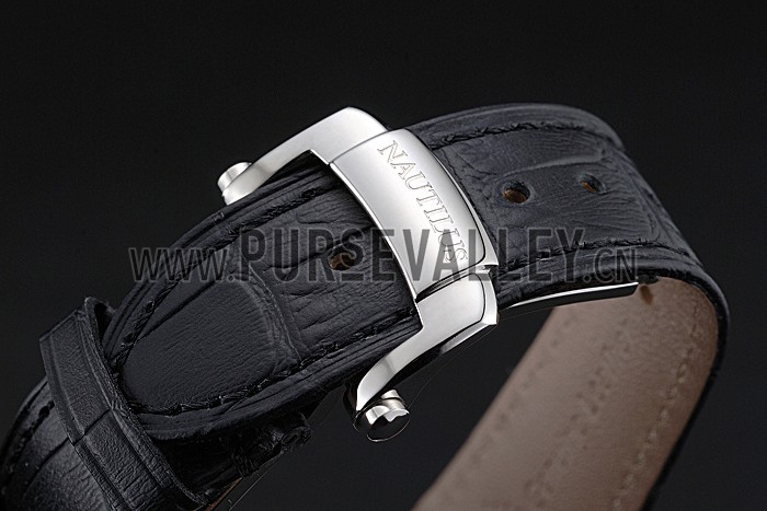 Patek Philippe Nautilus Black Dial Brushed Stainless Steel Case Black Leather Strap