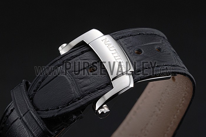 Patek Philippe Nautilus White Dial Brushed Stainless Steel Case Black Leather Strap