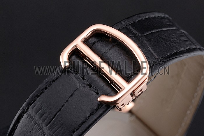 Cartier Ronde Louis Cartier Black Dial Gold Case Diamond Bezel Black Leather Strap