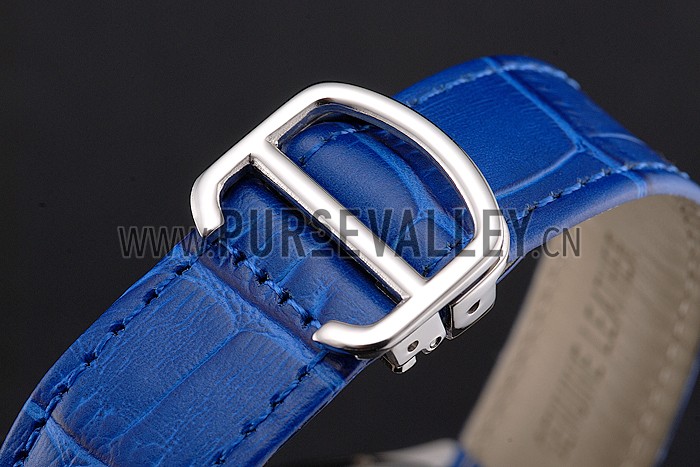 Cartier Tortue Large Date White Dial Stainless Steel Case Blue Leather Strap
