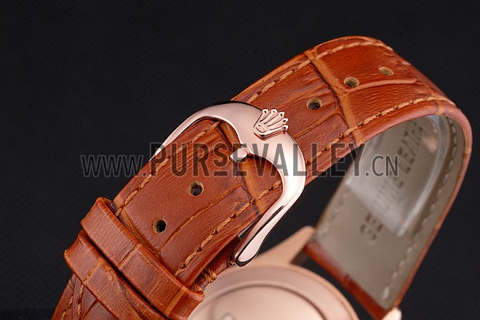 Swiss Rolex Cellini White Dial Rose Gold Case Light Brown Leather Strap