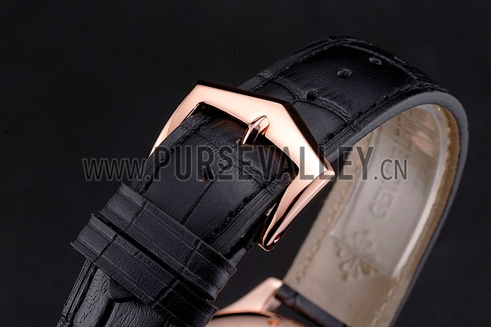 Swiss Patek Philippe Calatrava Black Dial Rose Gold Case Black Leather Strap