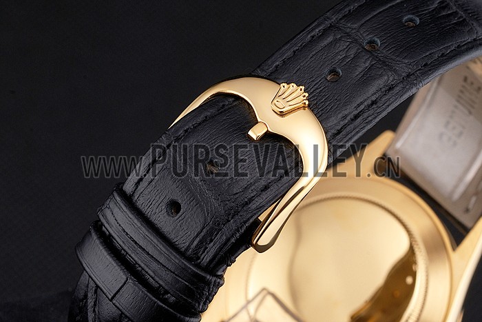 Swiss Rolex Cellini Black Dial Roman Numerals Gold Case Black Leather Strap