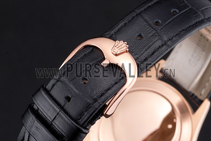 Swiss Rolex Datejust White Dial Rose Gold Case Black Leather Strap