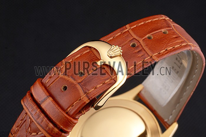 Swiss Rolex Datejust Gold Dial Gold Case Light Brown Leather Strap