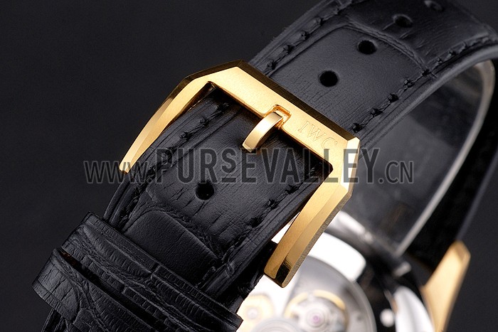 Swiss IWC Portugieser Perpetual Calendar White Dial Gold Case Black Leather Strap