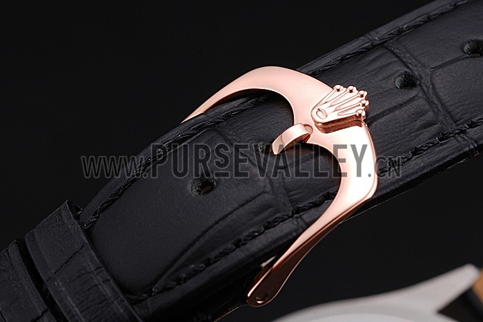 Rolex Cellini Blue Dial Gold Bezel Stainless Steel Case Black Leather Strap 622841