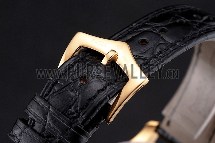 Patek Philippe Calatrava White Embossed Dial Gold Case Black Leather Strap