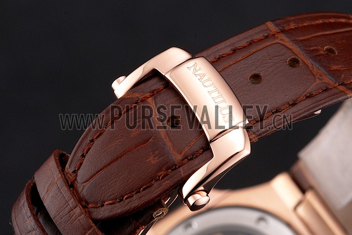 Patek Philippe Nautilus White Dial Rose Gold Case Brown Leather Strap