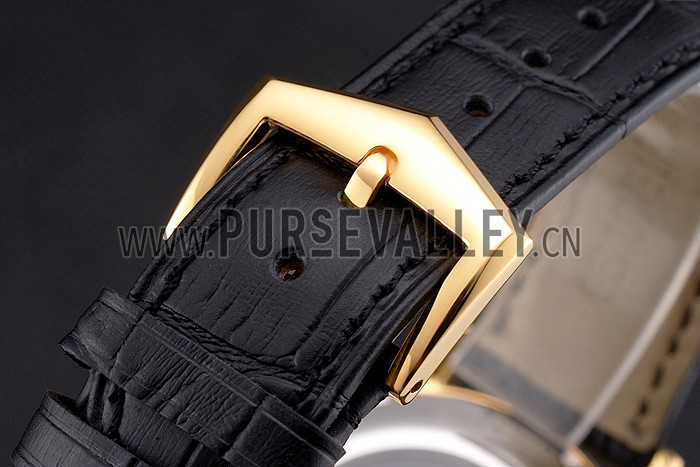 Swiss Patek Philippe Complications Openworked Dial Gold Case Fluted Bezel Black Leather Strap