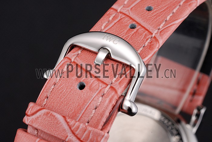 IWC Portofino Moon Phase Mother Of Pearl Dial Stainless Steel Case Diamonds Bezel Pink Leather Strap