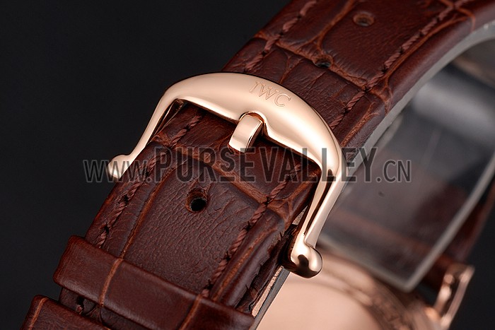IWC Portofino Moon Phase Silver Dial Rose Gold Case Diamonds Bezel Brown Leather Strap