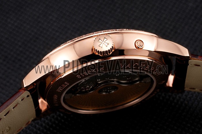 Swiss Vacheron Constantin Traditionnelle Power Reserve Rose Gold Dial And Case Diamond Bezel Brown Leather Strap