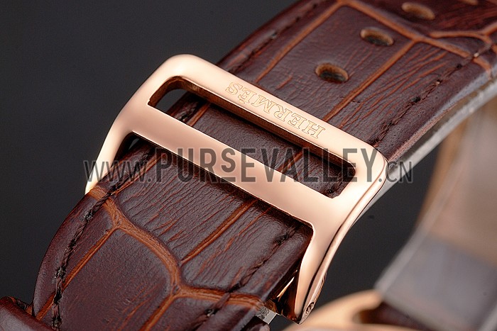 Hermes Dressage White Dial Rose Gold Case Brown Leather Strap