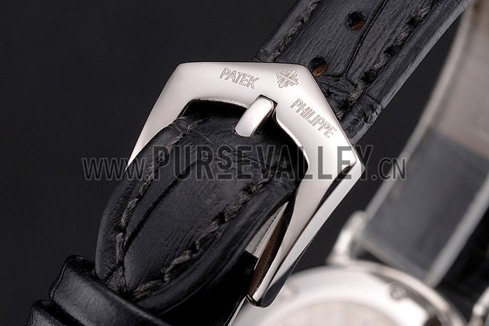 Patek Philippe Calatrava Black Dial Double Ribbed Bezel Stainless Steel Case Black Leather Strap