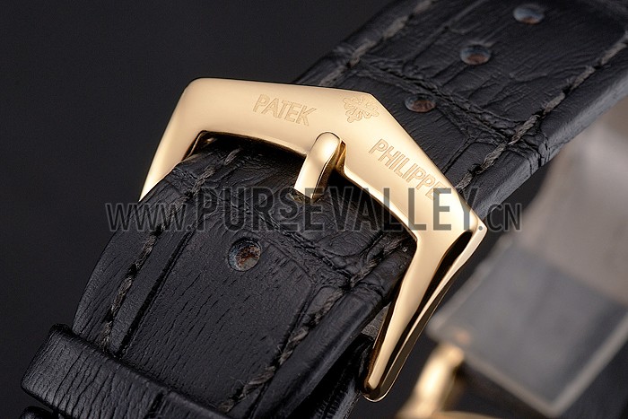 Patek Philippe Calatrava Black Dial Roman Numerals Ribbed Bezel Gold Case Black Leather Strap