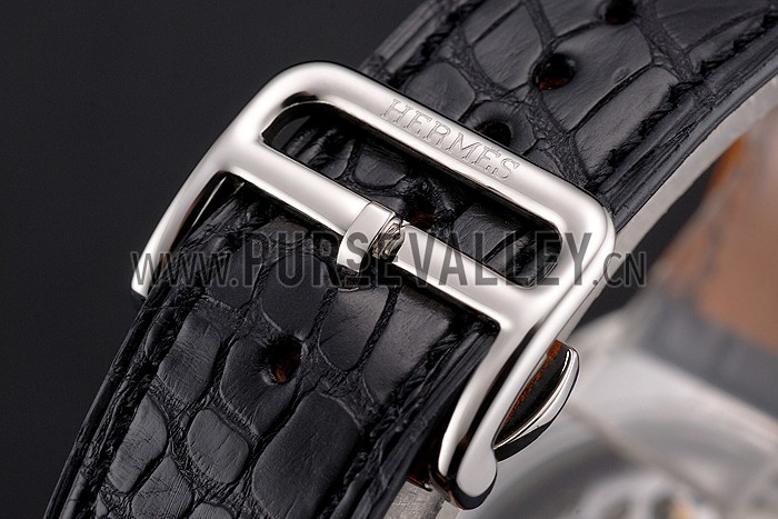 Swiss Hermes Arceau Skeleton Black Dial Blue Hands Stainless Steel Case Black Leather Strap