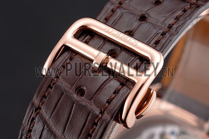 Swiss Hermes Arceau Skeleton Black Dial Brown Hands Rose Gold Case Brown Leather Strap