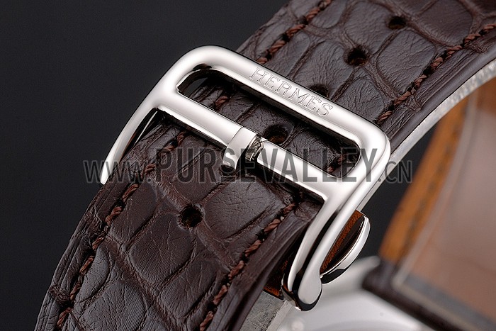 Swiss Hermes Arceau Skeleton Brown Dial Blue Hands Stainless Steel Case Brown Leather Strap