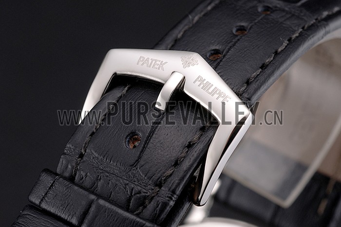 Patek Philippe Calatrava White Dial Ribbed Bezel Stainless Steel Case Black Leather Strap