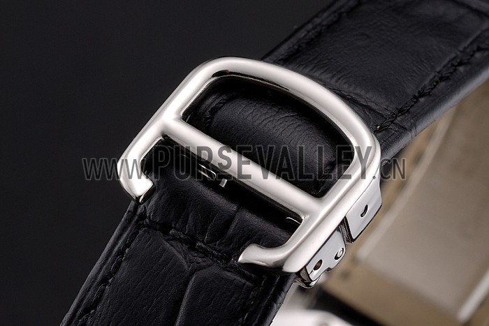 Cartier Ronde White Dial Diamond Hour Marks Stainless Steel Case Black Leather Strap
