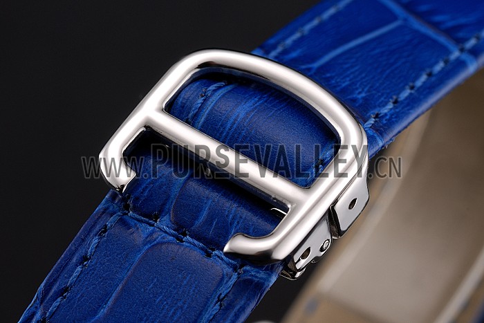 Cartier Ronde White Dial Diamond Hour Marks Stainless Steel Case Blue Leather Strap