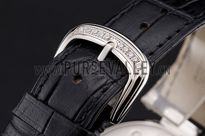Franck Muller Double Mistery Ronde Black Dial Stainless Steel Case Black Leather Strap