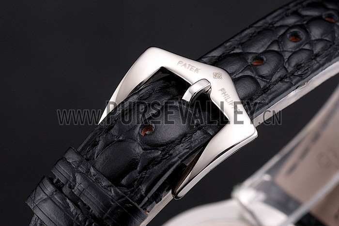 Patek Philippe Calatrava White Dial Roman Numerals Stainless Steel Case Black Leather Strap