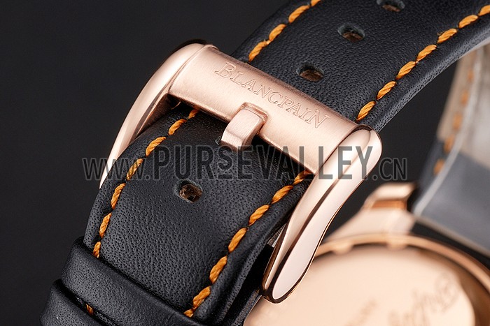 Swiss Blancpain Fifty Fathoms Flyback Chronograp Carbon Fiber Dial Rose Gold Case Black Leather Strap