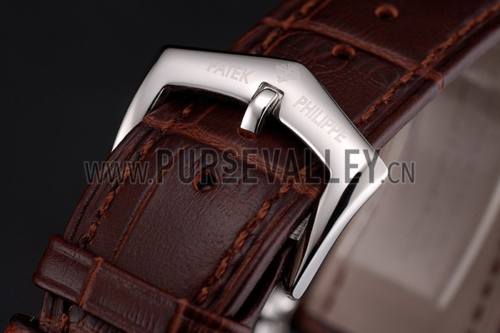 Patek Philippe Complications Moonphase Tourbillon White Dial Stainless Steel Case Brown Leather Strap