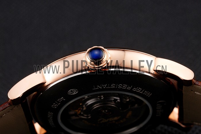 Swiss Cartier Rotonde Annual Calendar Black Dial Rose Gold Case Brown Leather Strap