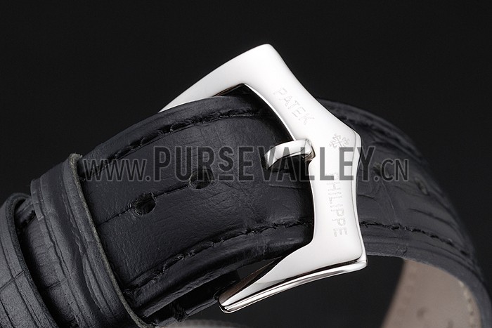 Patek Philippe Chronograph Black Dial With Diamonds Stainless Steel Case Black Leather Strap