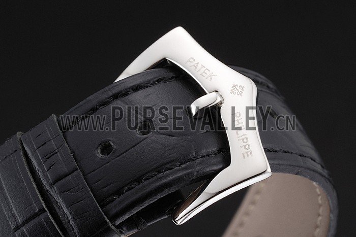 Patek Philippe Chronograph White Dial Blue Markings Stainless Steel Case Black Leather Strap