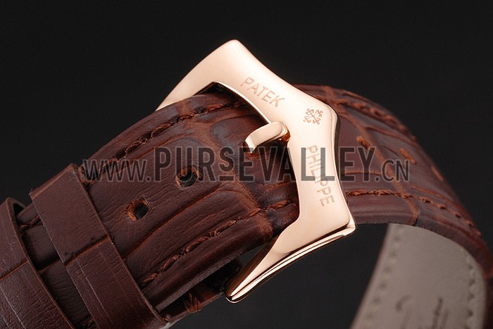 Patek Philippe Chronograph White Dial With Blue And Diamond Markings Rose Gold Case Brown Leather Strap