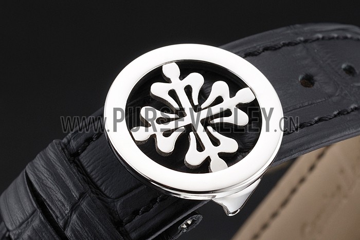 Swiss Patek Philippe Split Seconds Chronograph White Dial Rose Gold Hands Stainless Steel Case Black Leather Strap