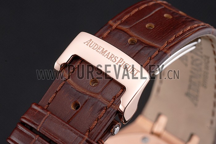 Swiss Audemars Piguet Royal Oak White Dial Gold Case Brown Leather Strap