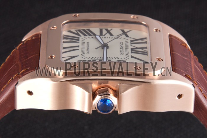 Swiss Cartier Santos Rose Gold with Brown Leather Strap 621522
