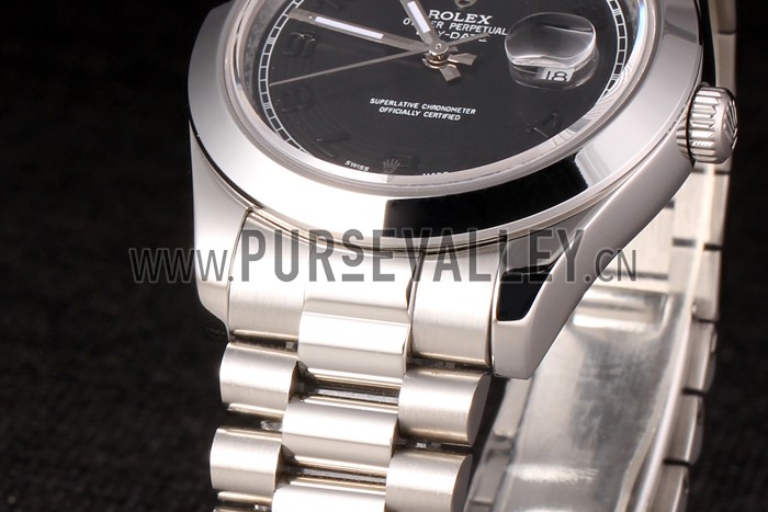 Swiss Rolex Daydate Stainless Steel Bracelet Black Dial 80294