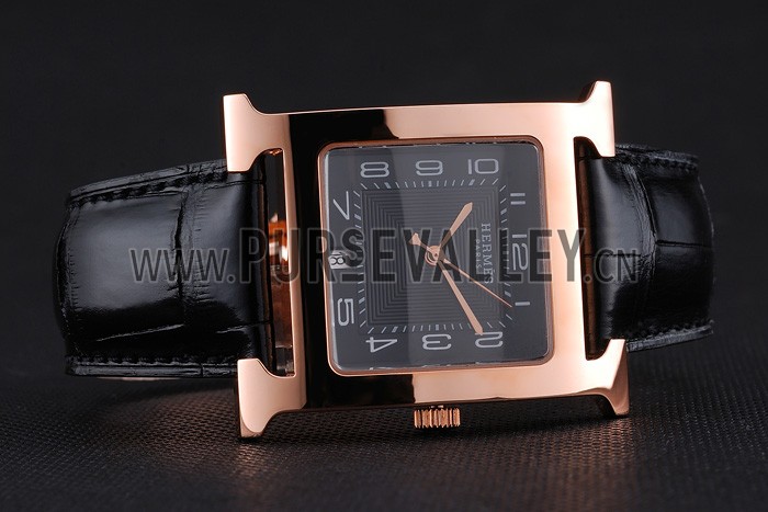 Hermes Heure H Black Dial Gold Case Black Leather Strap