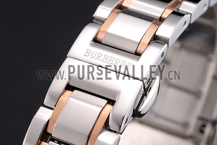 Burberry The City Black Dial Rose Gold Diamond Bezel Stainless Steel Case Two Tone Bracelet